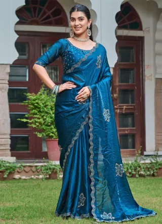 Blue Silk Contemporary Saree with Diamond Work