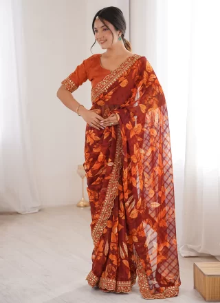 Embroidered and Print Work Fancy Fabric Trendy Saree In Orange Colour