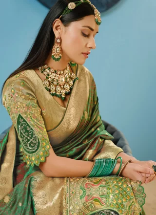 Embroidered and Weaving Work Silk Classic Saree In Green for Engagement