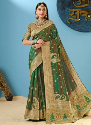 Embroidered and Weaving Work Silk Classic Saree In Green for Engagement