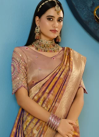 Embroidered and Weaving Work Silk Contemporary Saree In Gold and Purple Colour