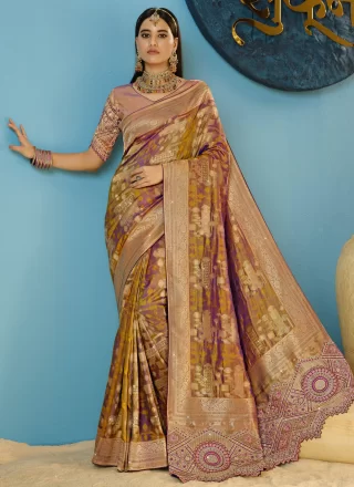 Embroidered and Weaving Work Silk Contemporary Saree In Gold and Purple Colour