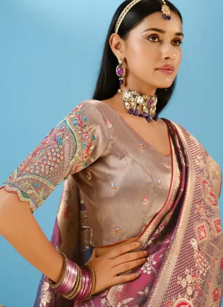 Embroidered and Weaving Work Silk Traditional Saree In Purple for Engagement