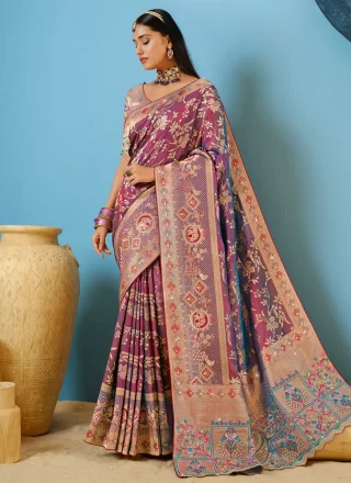 Embroidered and Weaving Work Silk Traditional Saree In Purple for Engagement