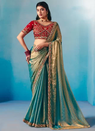Green Chiffon Patch Border and Embroidered Work Traditional Saree for Festival