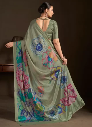 Green Crepe Silk Print Work Classic Saree