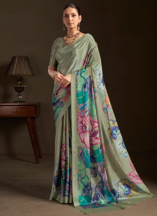Green Crepe Silk Print Work Classic Saree