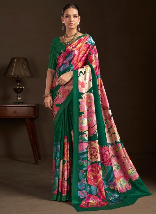 Green Crepe Silk Print Work Trendy Saree