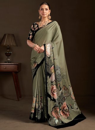 Green Crepe Silk Print Work Trendy Saree for Casual