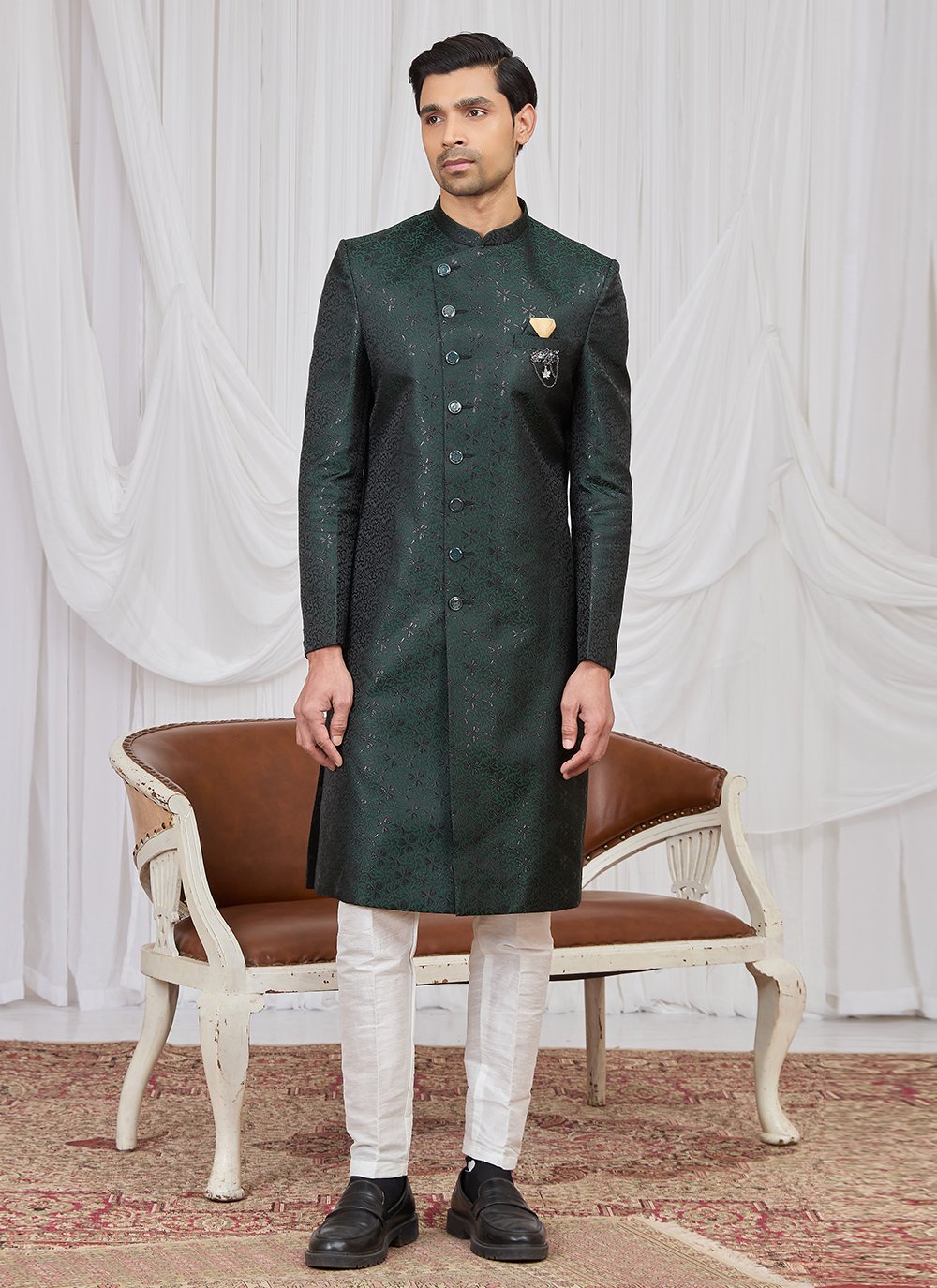 Buy Green Jacquard Indo Western Sherwani with Buttons and Fancy Work for Men : 335831