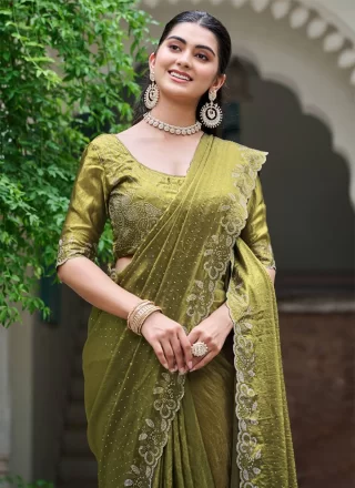 Green Silk Trendy Saree with Diamond Work for Ceremonial
