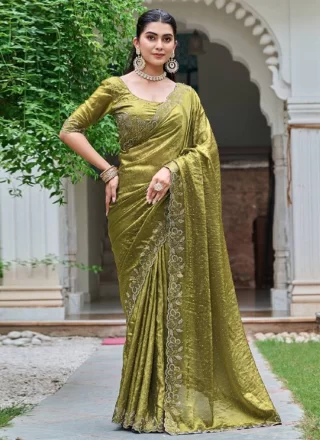 Green Silk Trendy Saree with Diamond Work for Ceremonial