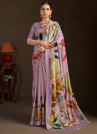 Lavender Crepe Silk Contemporary Sari with Print Work