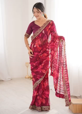 Multi Colour Fancy Fabric Classic Sari with Embroidered and Print Work