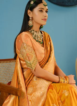 Mustard Silk Embroidered and Weaving Work Classic Sari for Engagement