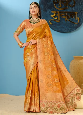 Mustard Silk Embroidered and Weaving Work Classic Sari for Engagement