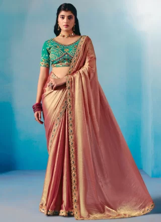 Patch Border and Embroidered Work Chiffon Trendy Saree In Pink for Festival
