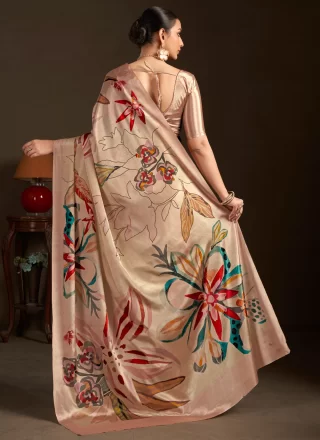 Peach Crepe Silk Contemporary Saree with Print Work