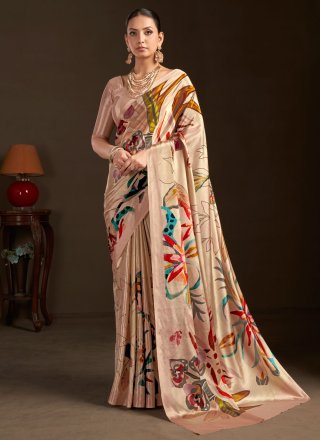 Peach Crepe Silk Contemporary Saree with Print Work