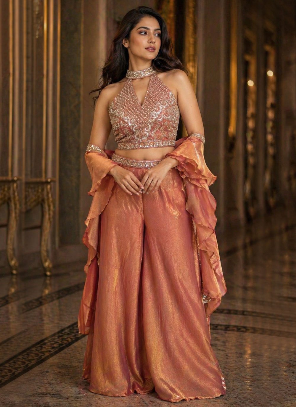 palazzo dresses for ladies Buy Online Peach Moss Salwar Suit with Beads and Embroidered Work Women : 341197 dress wear