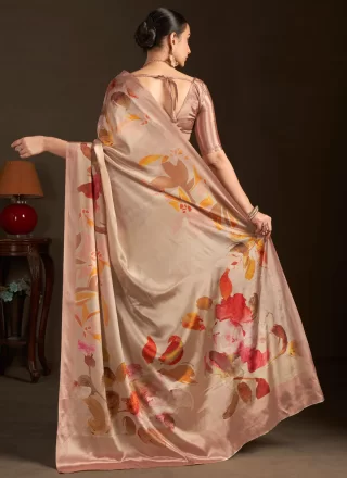 Perfect Peach Crepe Silk Classic Sari with Print Work