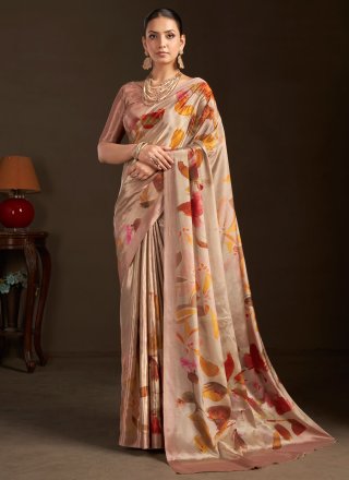 Perfect Peach Crepe Silk Classic Sari with Print Work