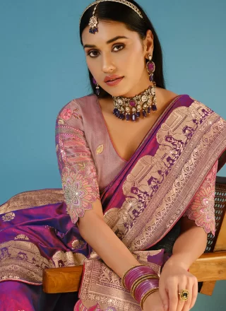 Purple Silk Trendy Saree with Embroidered and Weaving Work