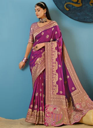 Purple Silk Trendy Saree with Embroidered and Weaving Work
