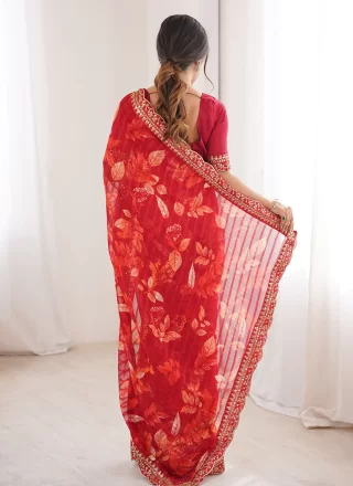 Red Fancy Fabric Contemporary Sari
