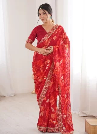 Red Fancy Fabric Contemporary Sari