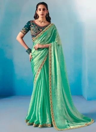 Sea Green Chiffon Patch Border and Embroidered Work Classic Saree for Festival