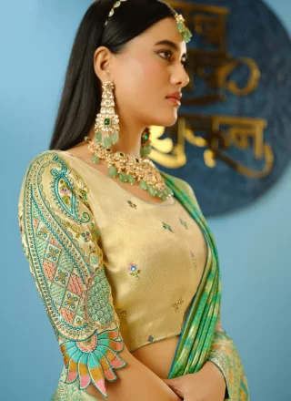 Sea Green Silk Embroidered and Weaving Work Trendy Saree