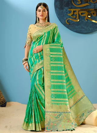 Sea Green Silk Embroidered and Weaving Work Trendy Saree