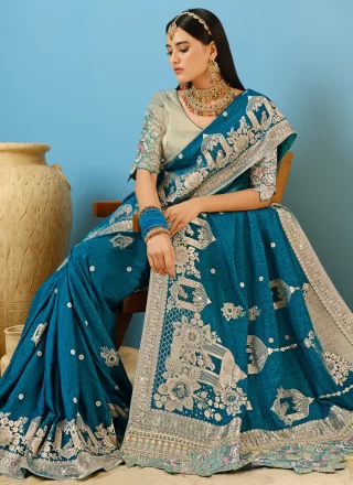 Teal Silk Embroidered and Weaving Work Traditional Saree