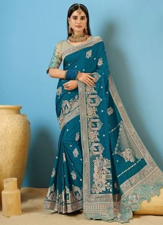 Teal Silk Embroidered and Weaving Work Traditional Saree