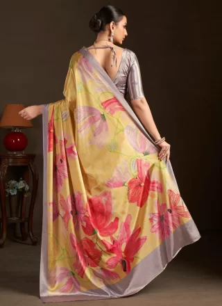 Yellow Crepe Silk Print Work Classic Sari