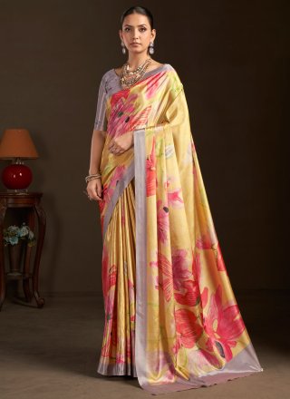 Yellow Crepe Silk Print Work Classic Sari