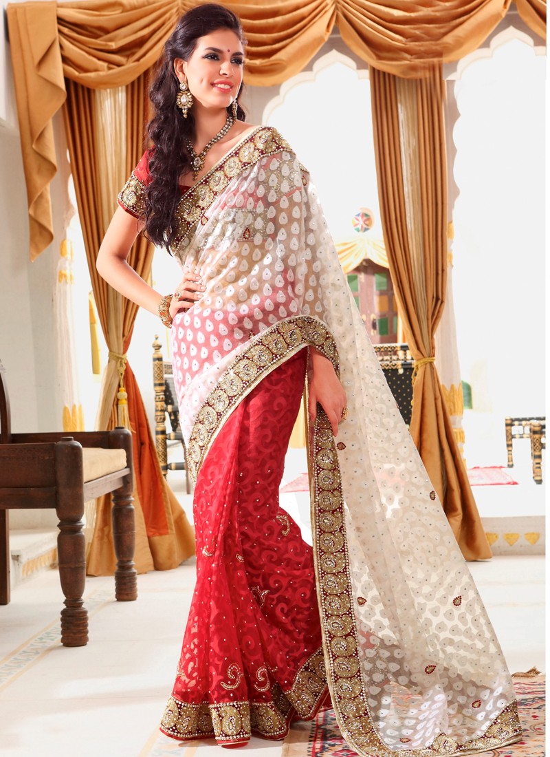 Off White And Red Half And Half Saree -