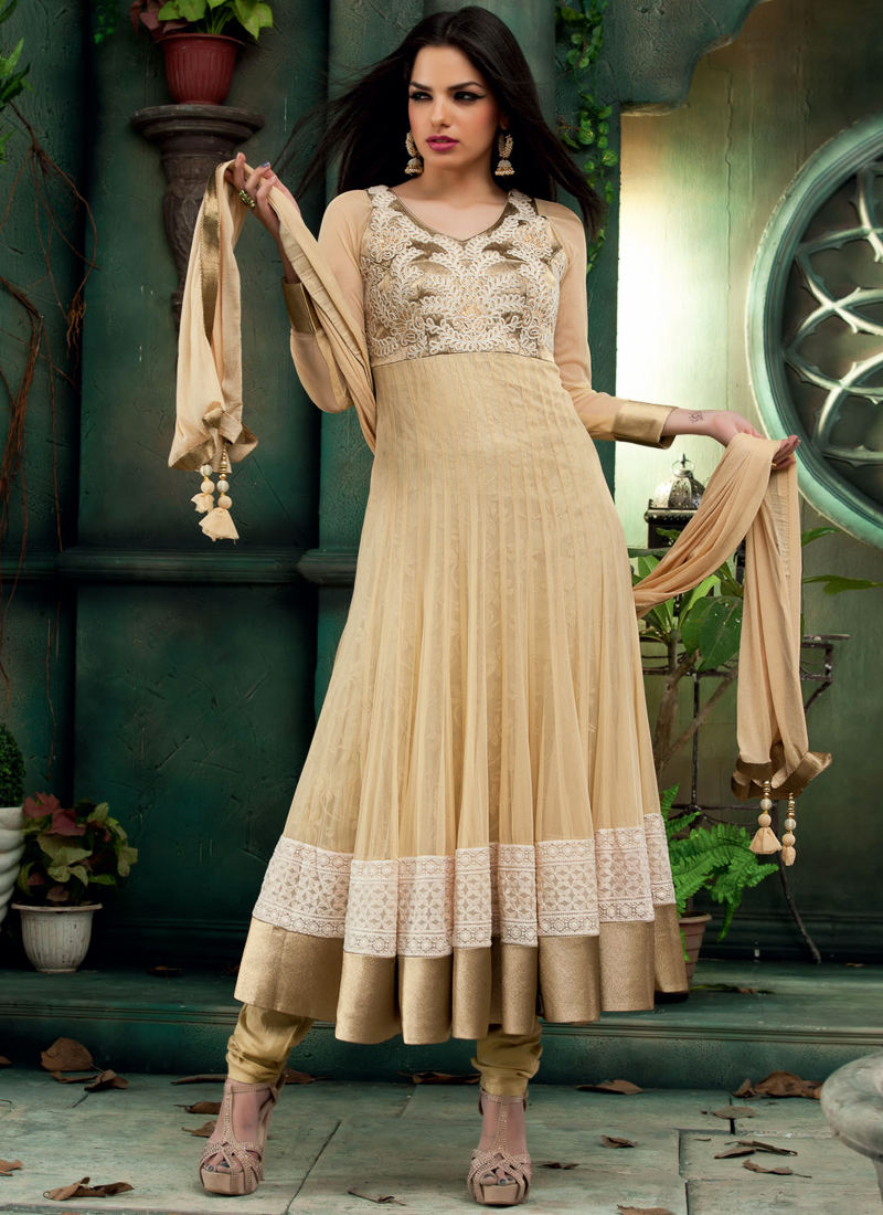 Beige Embroidery Work Net Anarkali Suit