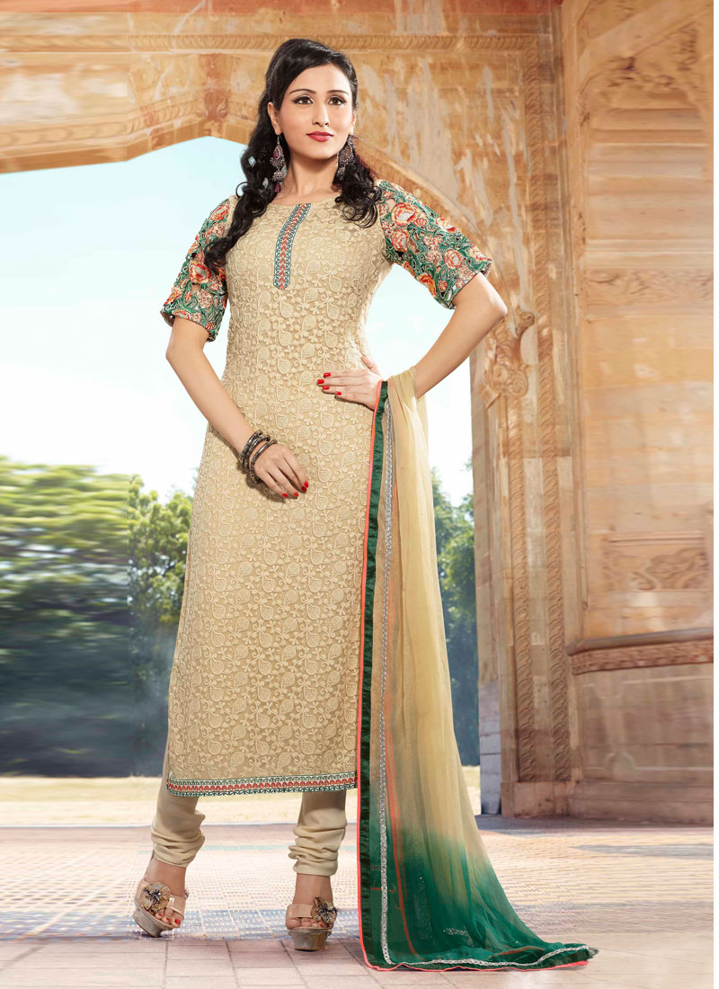 Cream And Green Chiffon Churidar Suit