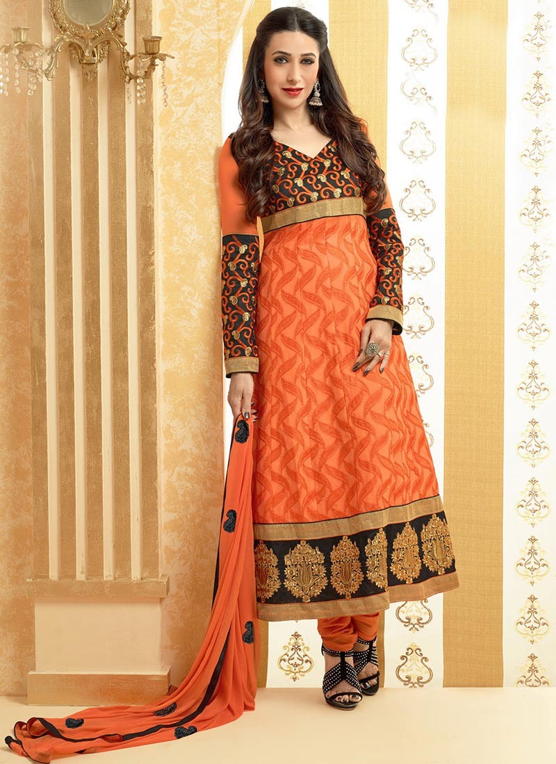 Orange Embroidered Churidar Suit