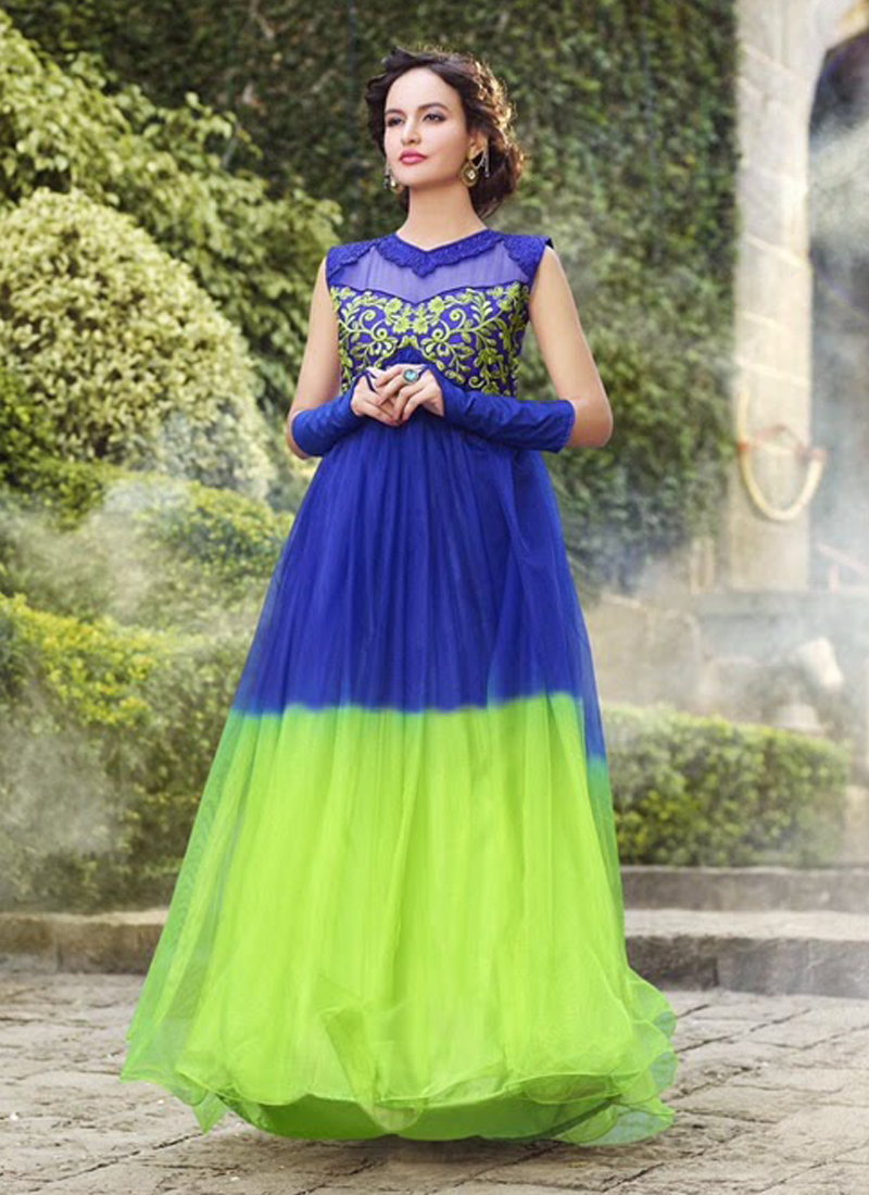 Royal Blue And Sky-Blue Shade Frilled Layer Gown | Designer Gown –  www.liandli.in