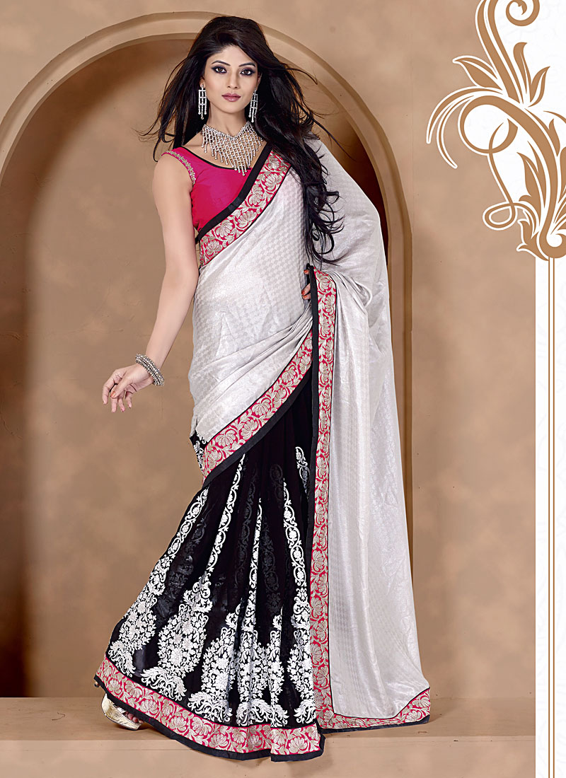 Black Color Foil Printed Half-Half Sarees