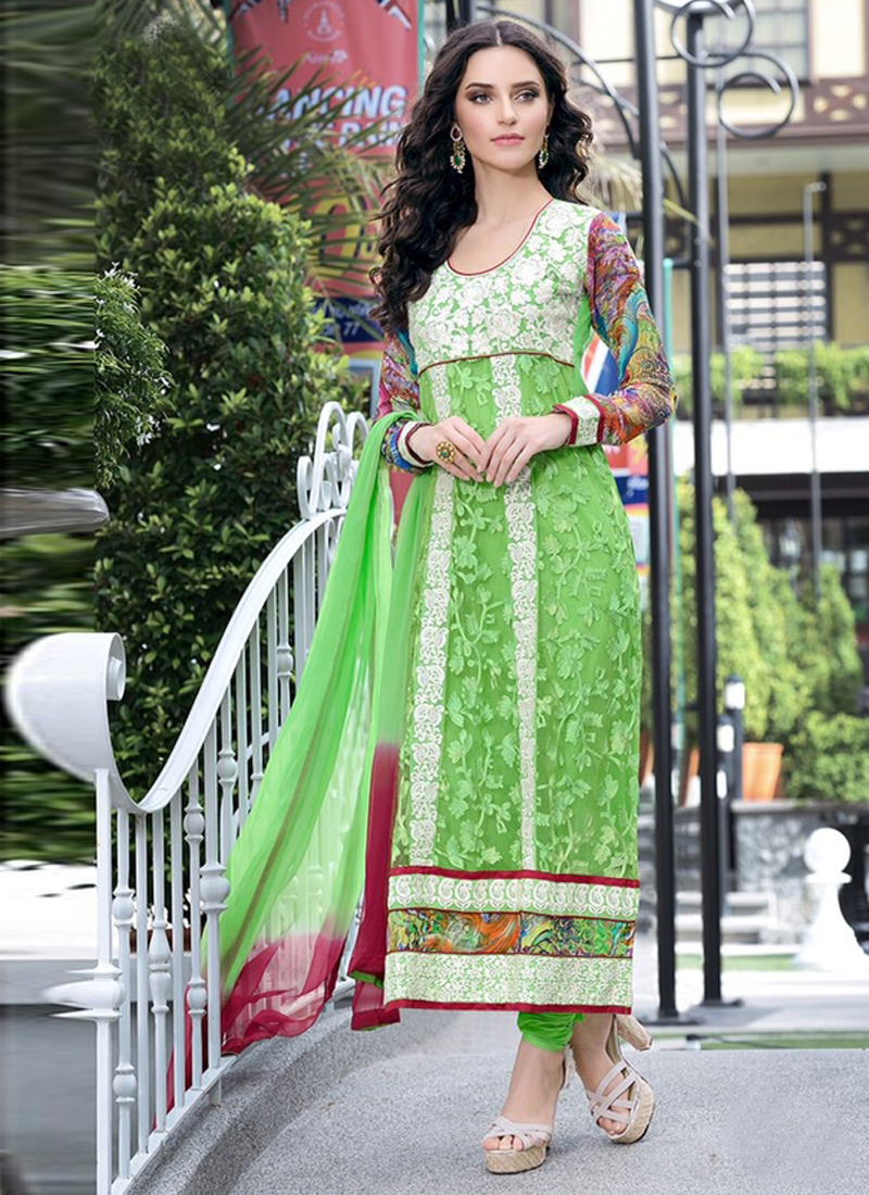 Green Embroidery Work Churidar Suit - Churidar Suits