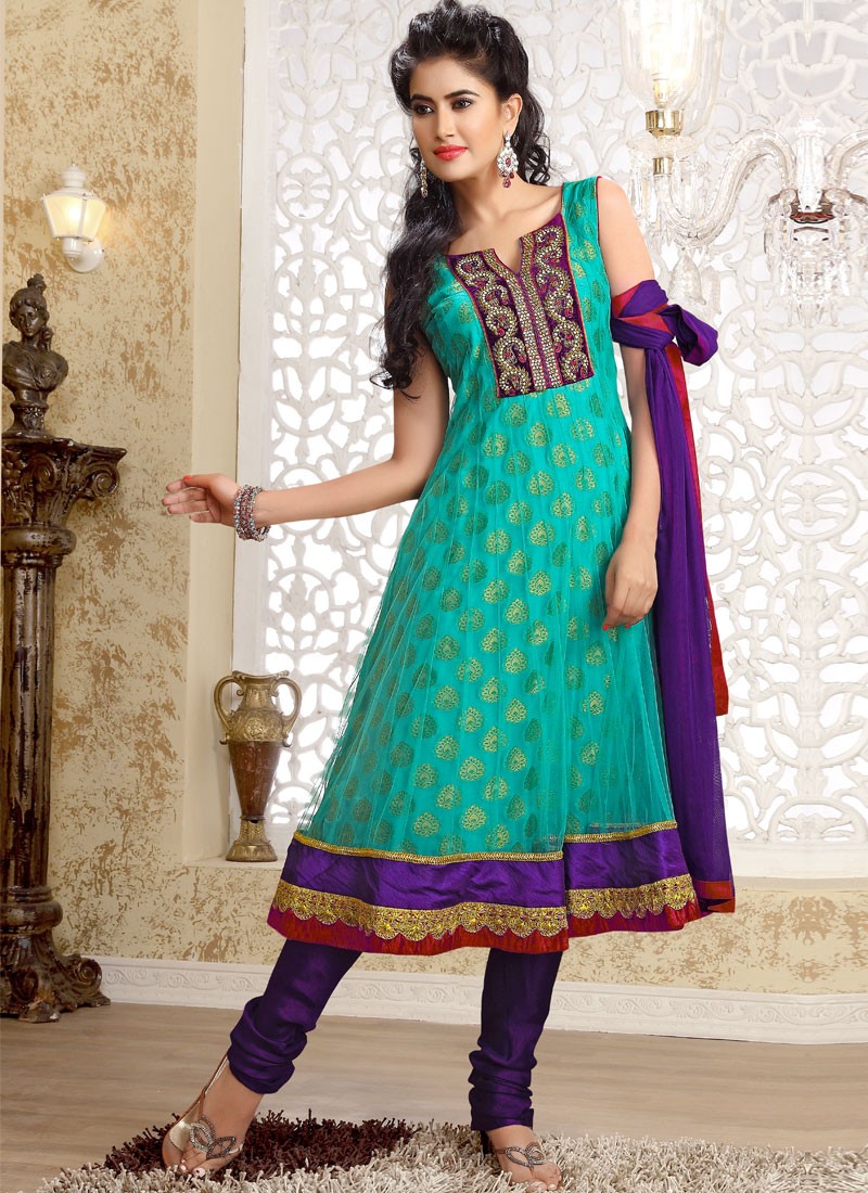 Blue And Purple Net Churidar Suit