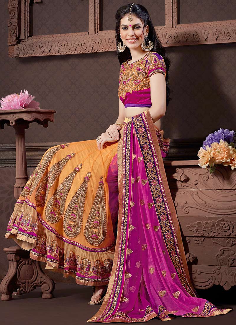 Orange Beads Work Net Lehenga Style Saree