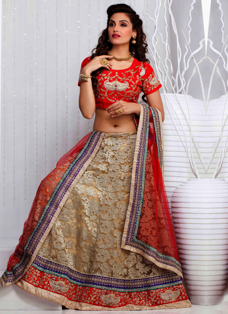 Cream and Red Sangeet A Line Lehenga Choli -