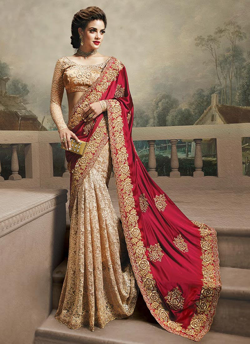 Designer Red Resham Zari Embroidery Bollywood Sari Georgette Wedding Wear Saree 