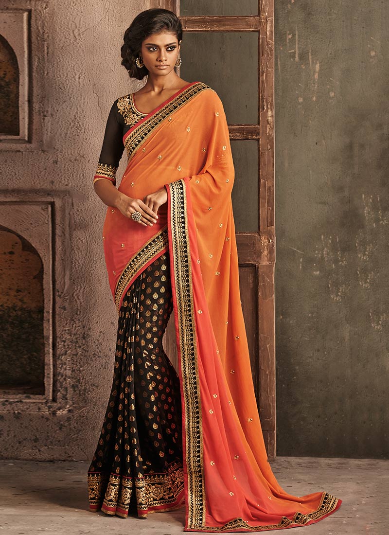 Buy HomeDeal Solid/Plain Daily Wear Georgette, Art Silk Orange Sarees  Online @ Best Price In India | Flipkart.com