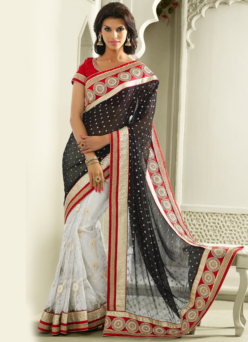 Buy Online White Georgette Embroidered Contemporary Sari : 72608 - Saree
